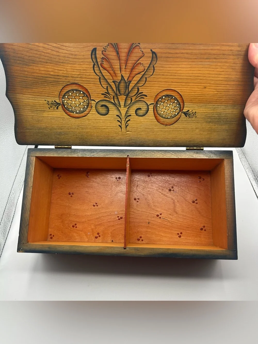 Vtg Tole Painted Wooden Trunk Box Folk Art Floral Heart Cottagecore Primitive